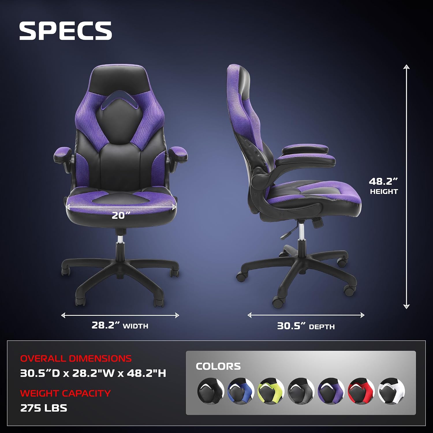RESPAWN 3085 Ergonomic Gaming Chair for Adults, High Back Office Chair with Headrest and Flip Up Arms, Leather Racing Style Gaming Seat with Lumbar Support, Video Game Computer Desk Seat - Purple