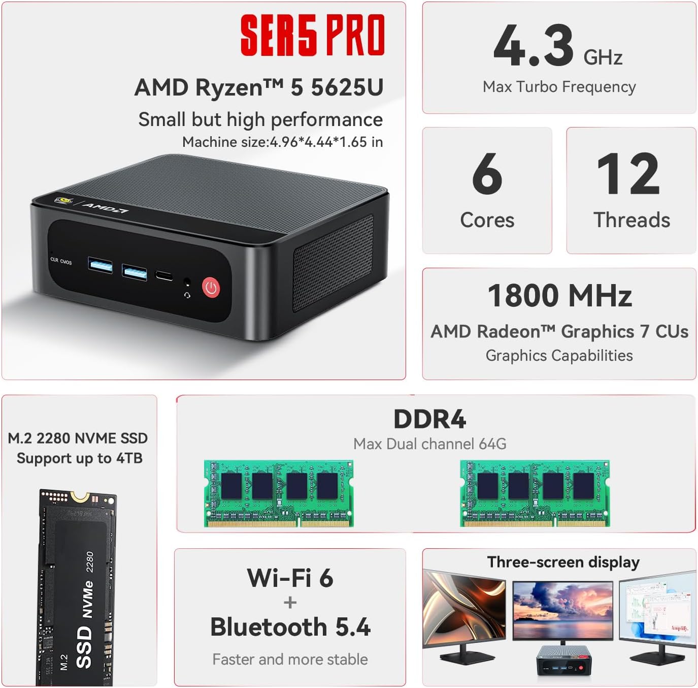 Beelink SER5 Pro Mini PC, AMD Ryzen 5 5625U(Up to 4.3GHz) 6C/12T, Mini Desktop Computer 16GB DDR4 RAM 500GB NVMe SSD, Small Gaming PC 4K@60Hz Output/BT5.2/WiFi 6 for Gaming/Office/Home