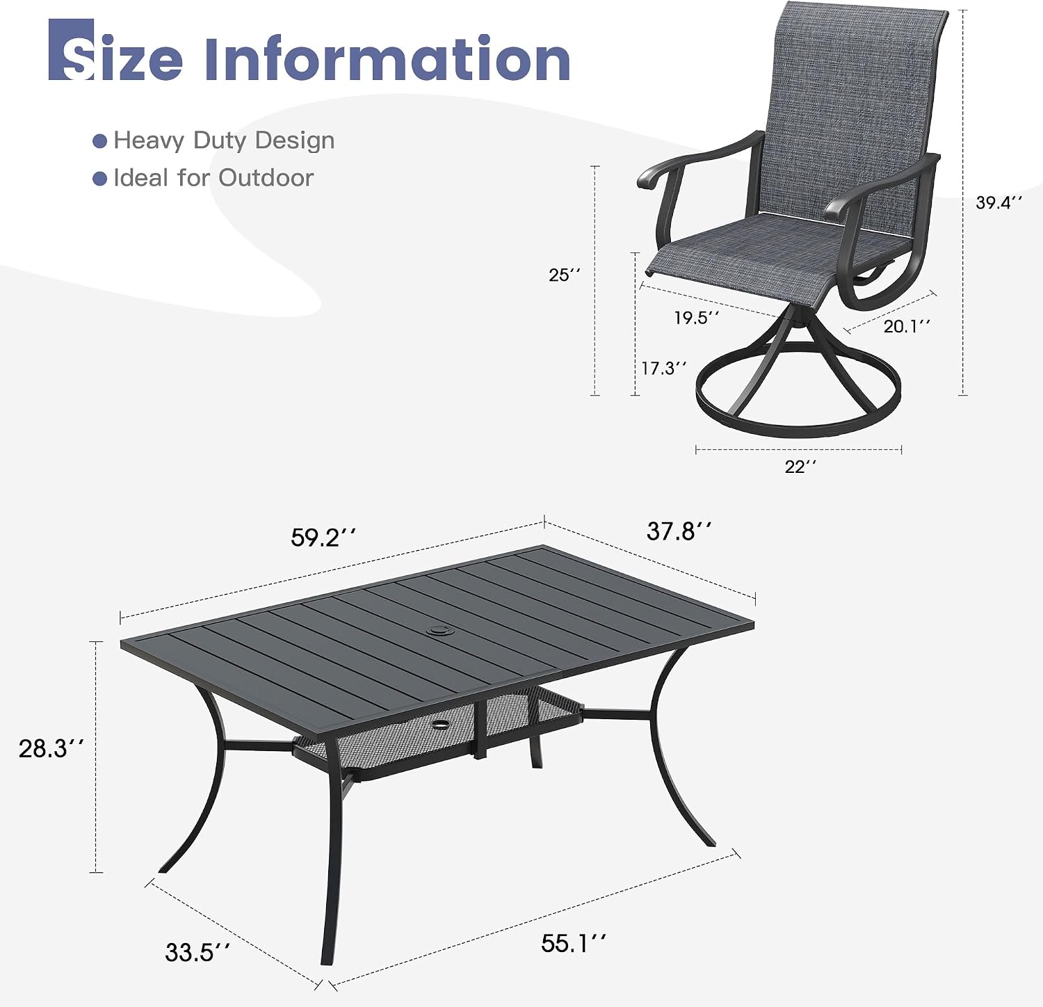 VICLLAX 7 Pieces Patio Dining Set, Patio Furniture Set of 6 Patio Swivel Dining Chairs and Rectangular Patio Table with Storage Shelf, Dark Charcoal Chairs & Black Tabletop