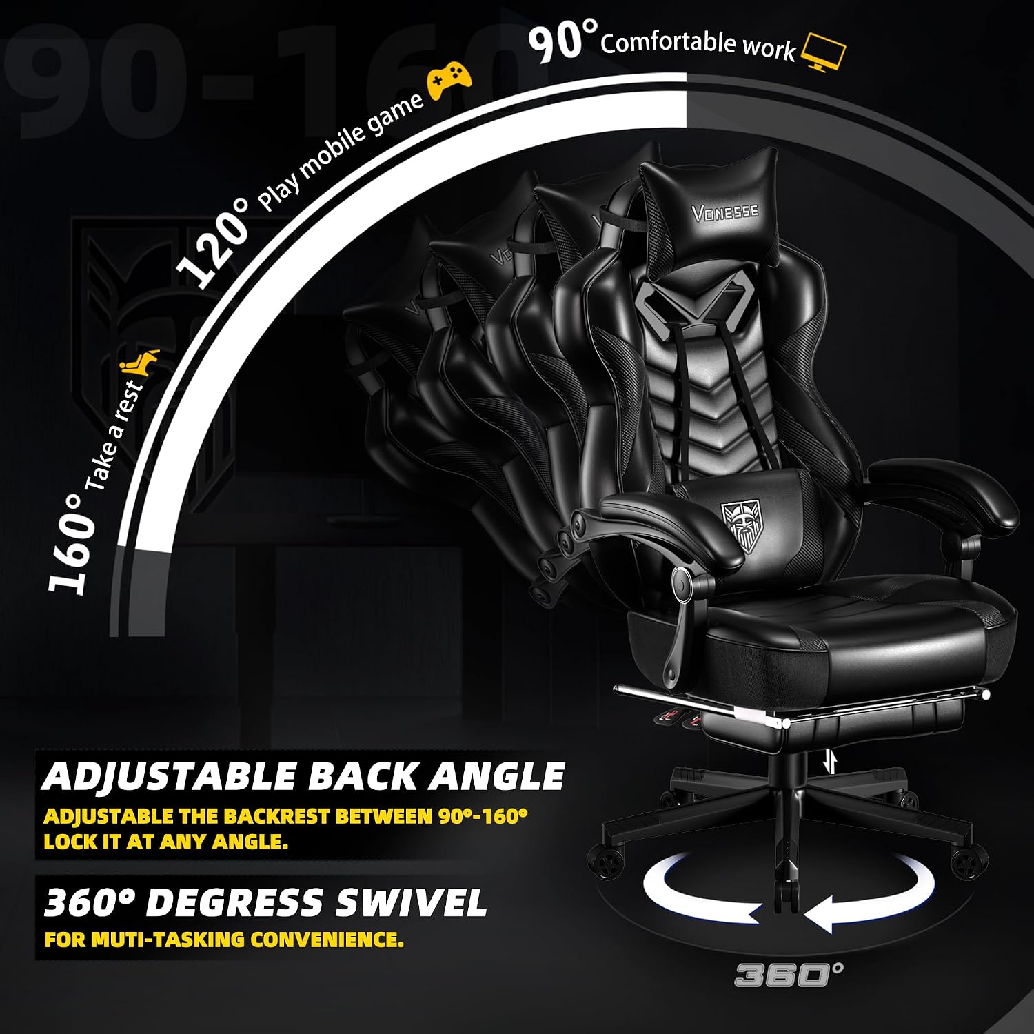Vonesse Gaming Chair, Big and Tall Office Chair with Footrest and Massage, Gaming Chairs for Adults with Lumbar Support, Ergonomic High Back Computer Desk Chair with Pocket Spring Cushion (Black)