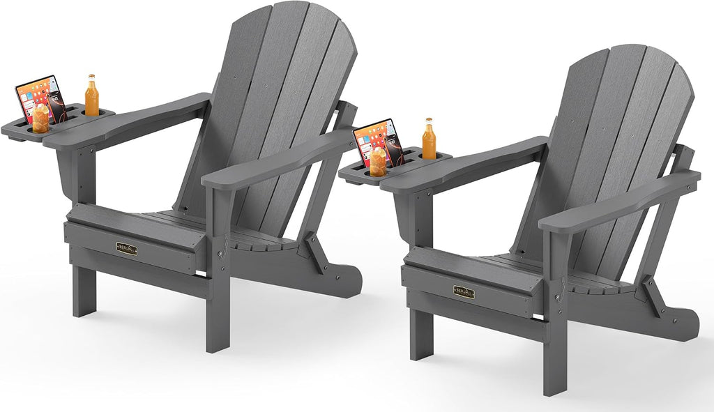 SERWALL Folding Adirondack Chair Set of 2, HIPS Adirondack Chairs with 4 in 1 Multi-Functional Cup Holder, Weather Resistant Plastic Chairs for Patio Garden Outdoors Fire Pit- Gray