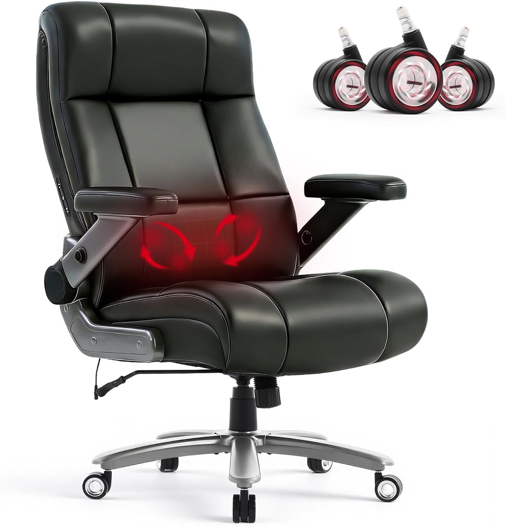 600LBS Big and Tall Massage Office Chair, Extra Wide Seat - 3D Kneading Massage & Heat Office Chair with Heavy Duty Metal Base, 3D Flip Arms, Leather Ergonomic with Thick Spring Cushion