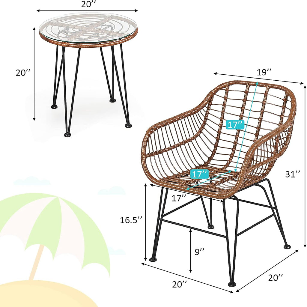 Tangkula 3 Pieces Patio Conversation Bistro Set, Outdoor Wicker Furniture w/Round Tempered Glass Top Table & 2 Rattan Armchairs, Bistro Chat Set w/Seat Cushions for Porch, Backyard, Garden
