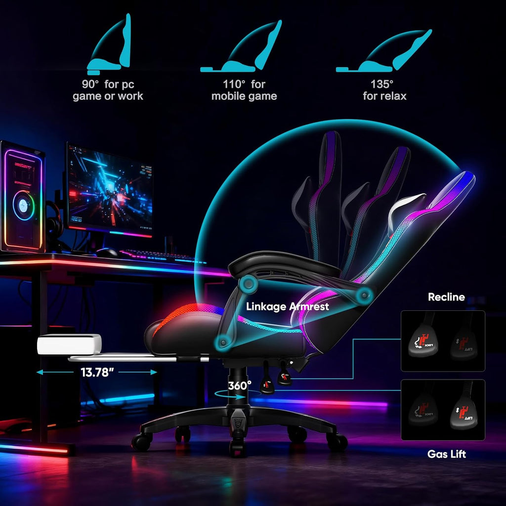 Czlolo Gaming Chair, RGB LED Lights Computer Chair with Footrest, Lumbar Support Massager Gamer Chair, High Back, 90-135° Reclining, Linkage Armrests, White