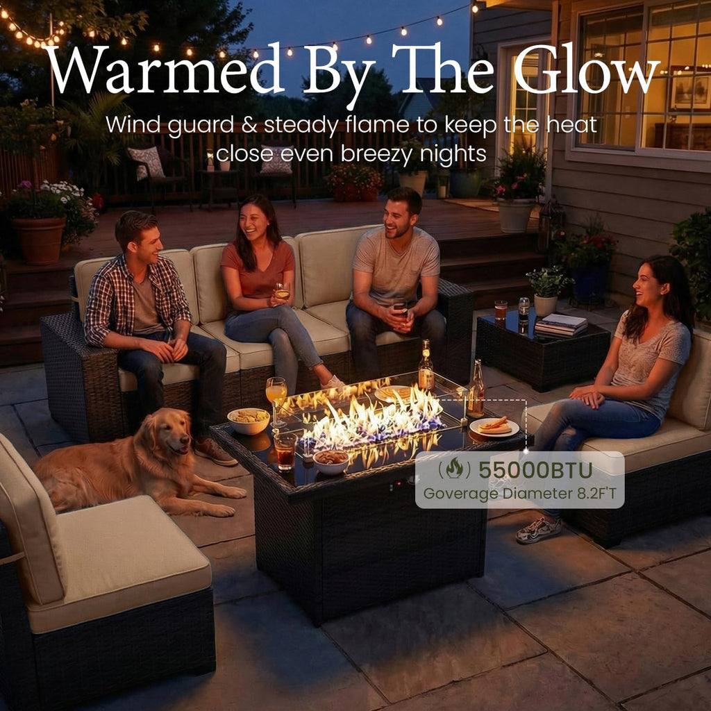 LayinSun 13 Pieces Outdoor Patio Furniture Set with 44' Fire Pit Table Brown Rattan Sectional Sofa Conversation Sets