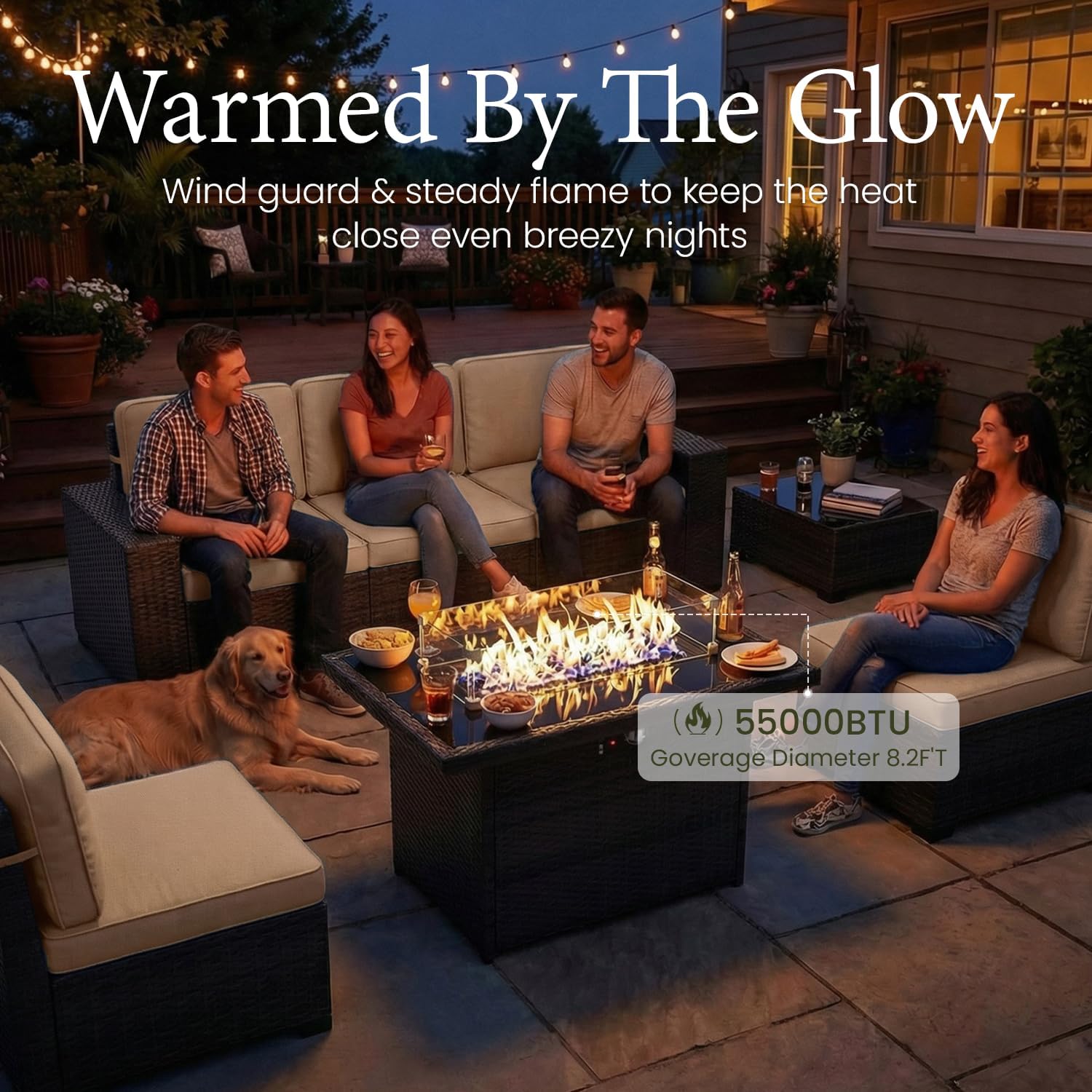 LayinSun 13 Pieces Outdoor Patio Furniture Set with 44' Fire Pit Table Brown Rattan Sectional Sofa Conversation Sets
