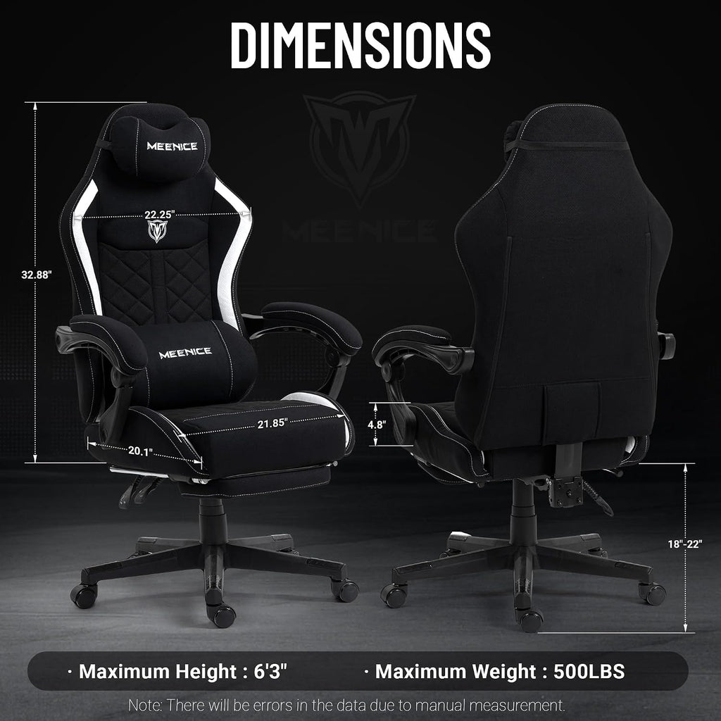 Big and Tall Gaming Chair Fabric with Pocket Spring Cushion, High Back Heavy Duty Gaming Chairs for Adults with Massage Lumbar Support, Ergonomic Computer Chair with Footrest for 400LBS Black