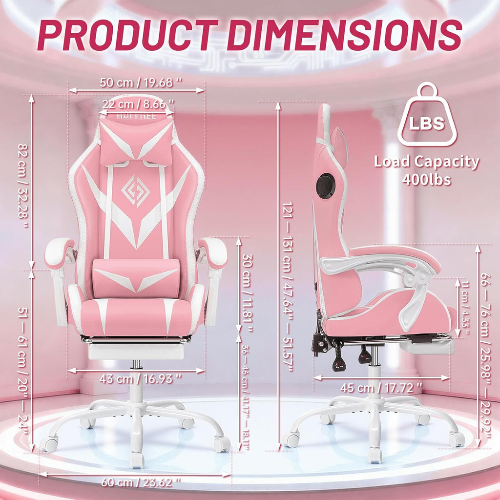 HOFFREE Pink Gaming Chair Massage with Bluetooth Speakers and Led Lights Ergonomic Computer Gaming Chair with Footrest RGB Video Game Chair with High Back Lumbar Support Pink and White