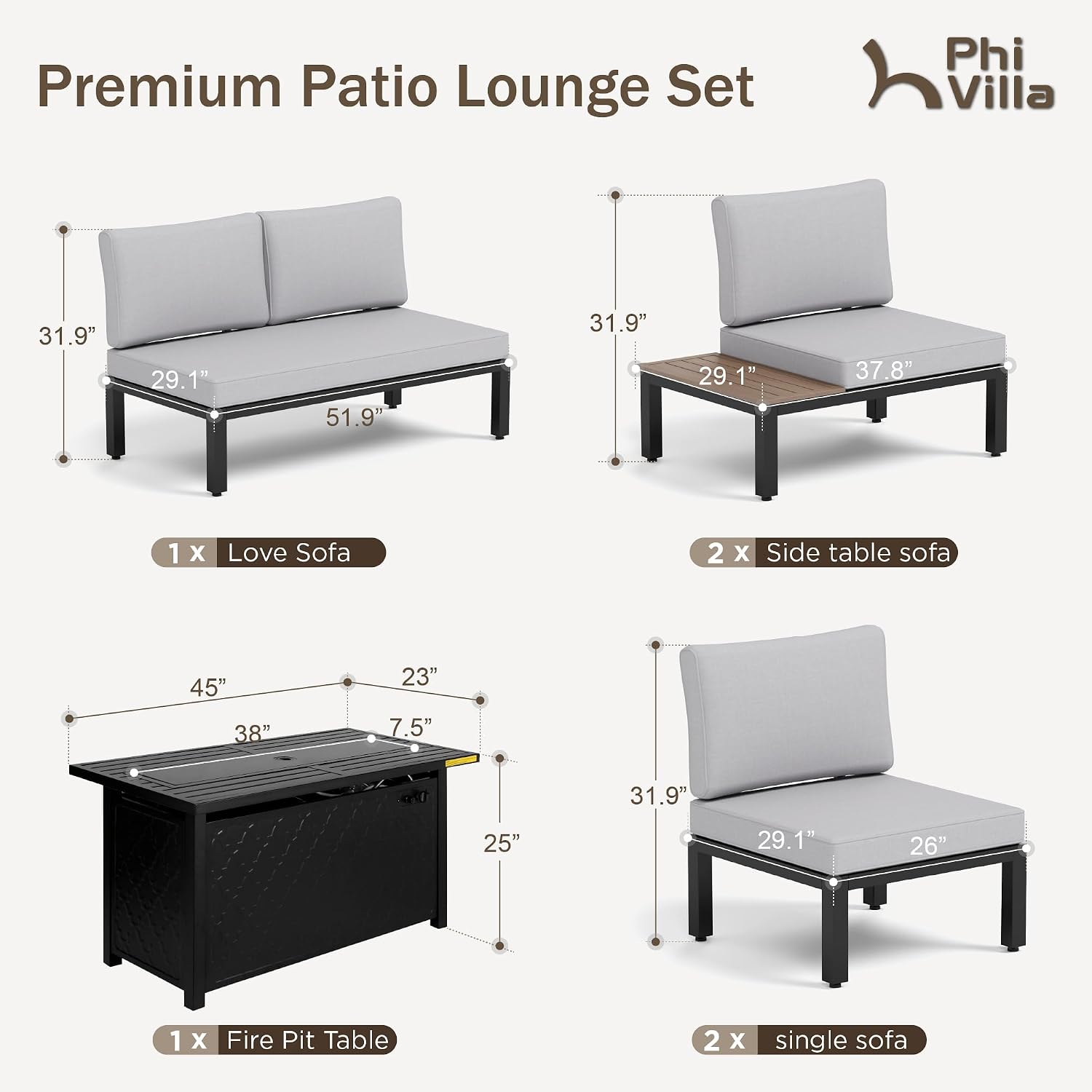 PHI VILLA Metal Patio Furniture Set with Fire Pit Table 6 Piece Modular Modern Outdoor Sectional Sofa Garden Bench Set with Wrought Iron, Light Grey Cushion