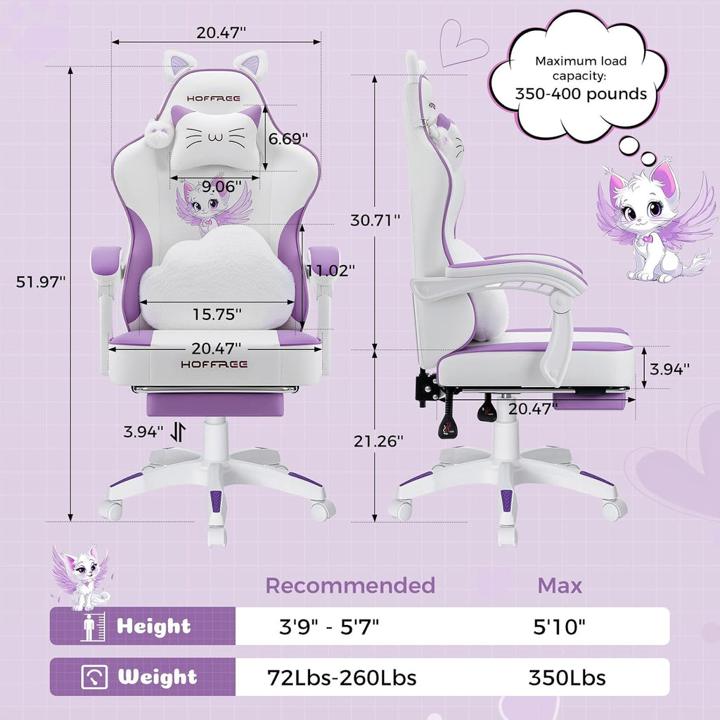 HOFFREE Gaming Chair for Girls with Cat Ears Massage Lumbar Computer Chair Game Chairs for Adults