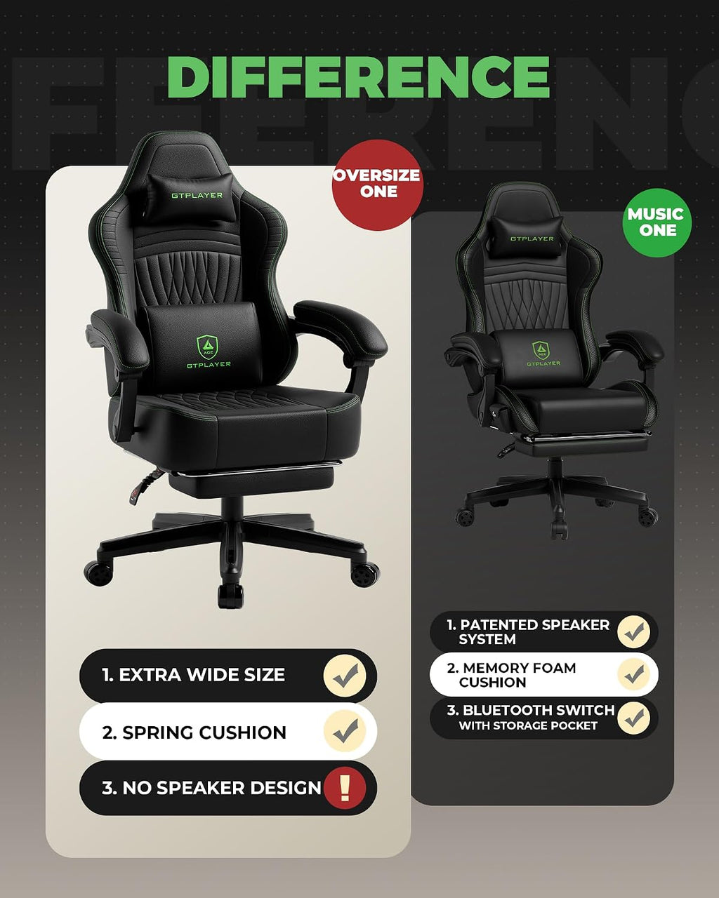 GTPLAYER Big and Tall Gaming Chair with Footrest, Extra Wide Seat Video Game Chairs for Adults - Padded High Back Ergonomic Reclining Silla Gamer, Linkage Armrest, Ace Pro, Green
