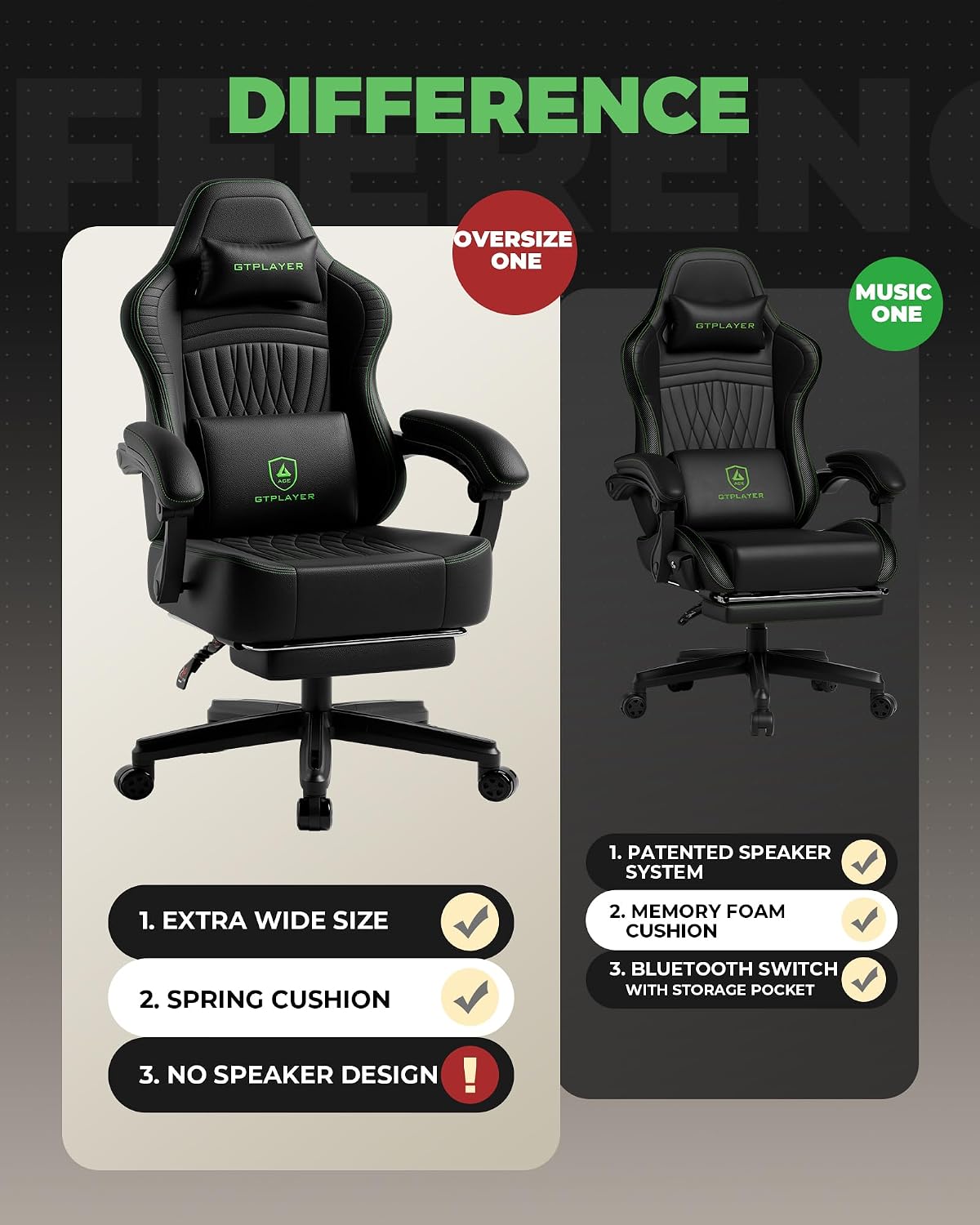 GTPLAYER Big and Tall Gaming Chair with Footrest, Extra Wide Seat Video Game Chairs for Adults - Padded High Back Ergonomic Reclining Silla Gamer, Linkage Armrest, Ace Pro, Green