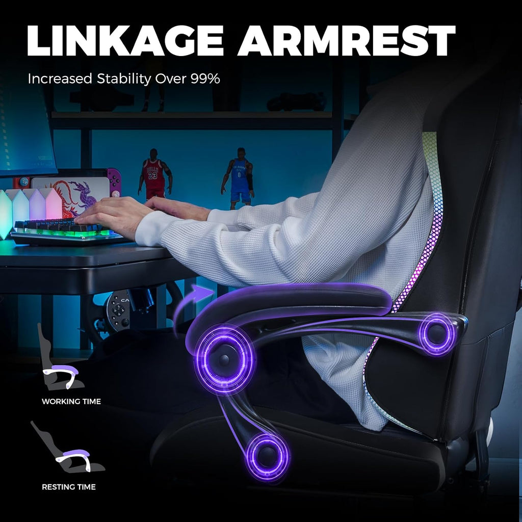 GTPLAYER RGB Gaming Chair with Footrest, Computer Gaming Chair with LED Lights for Adults, Height Adjustable PC Gamer Chair with 90-155° Recline & Removable Headrest Lumbar Support, RGB Black