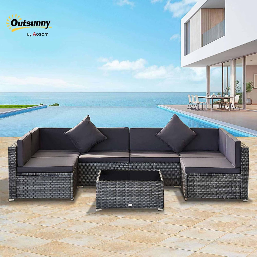 Outsunny 7-Piece Patio Furniture Sets Outdoor Wicker Conversation Sets All Weather PE Rattan Sectional Sofa Set with Cushions & Tempered Glass Desktop, Grey