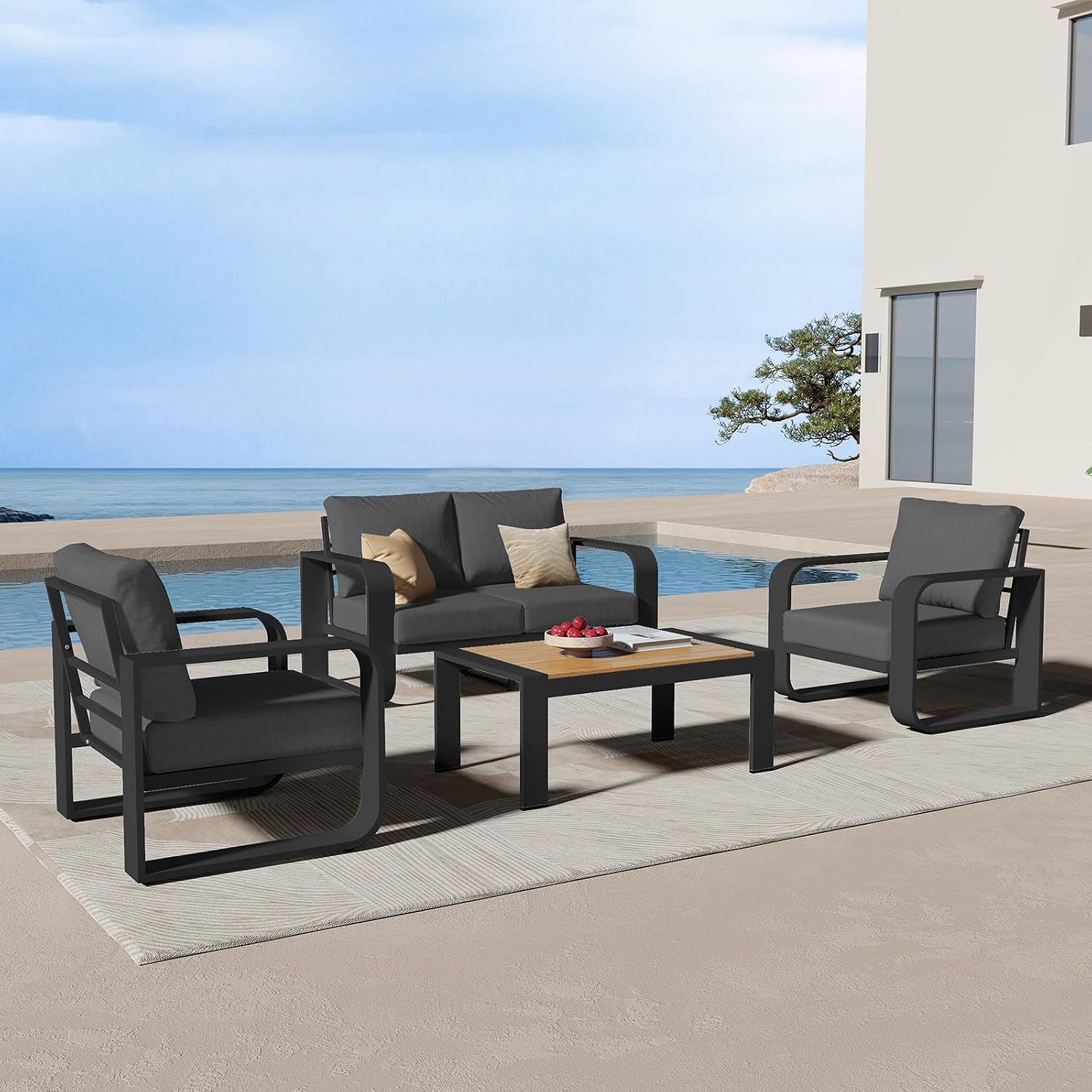 Oversized Aluminum Outdoor Furniture Set, Extra Large Patio Furniture Sofa Set 4.8' Widened Armrest & Ultra-Thick Cushions, 4 Pcs Modern Patio Sectional for Backyard, Deck, Graphite