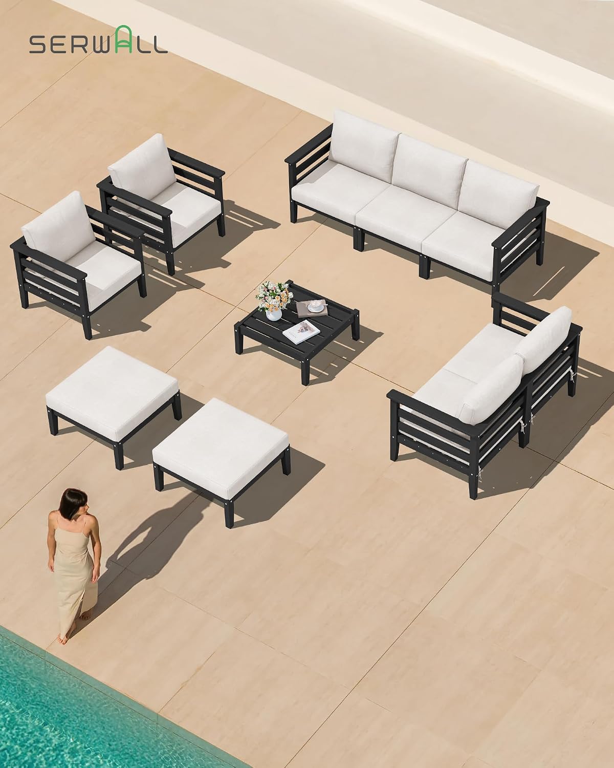 SERWALL HDPE Patio Furniture Set, 2 Pieces Outdoor Sectional Sofa Set, All-Weather Wood-Like Outdoor Loveseat for Deck, Lawn, Black Frame with Khaki Cushion
