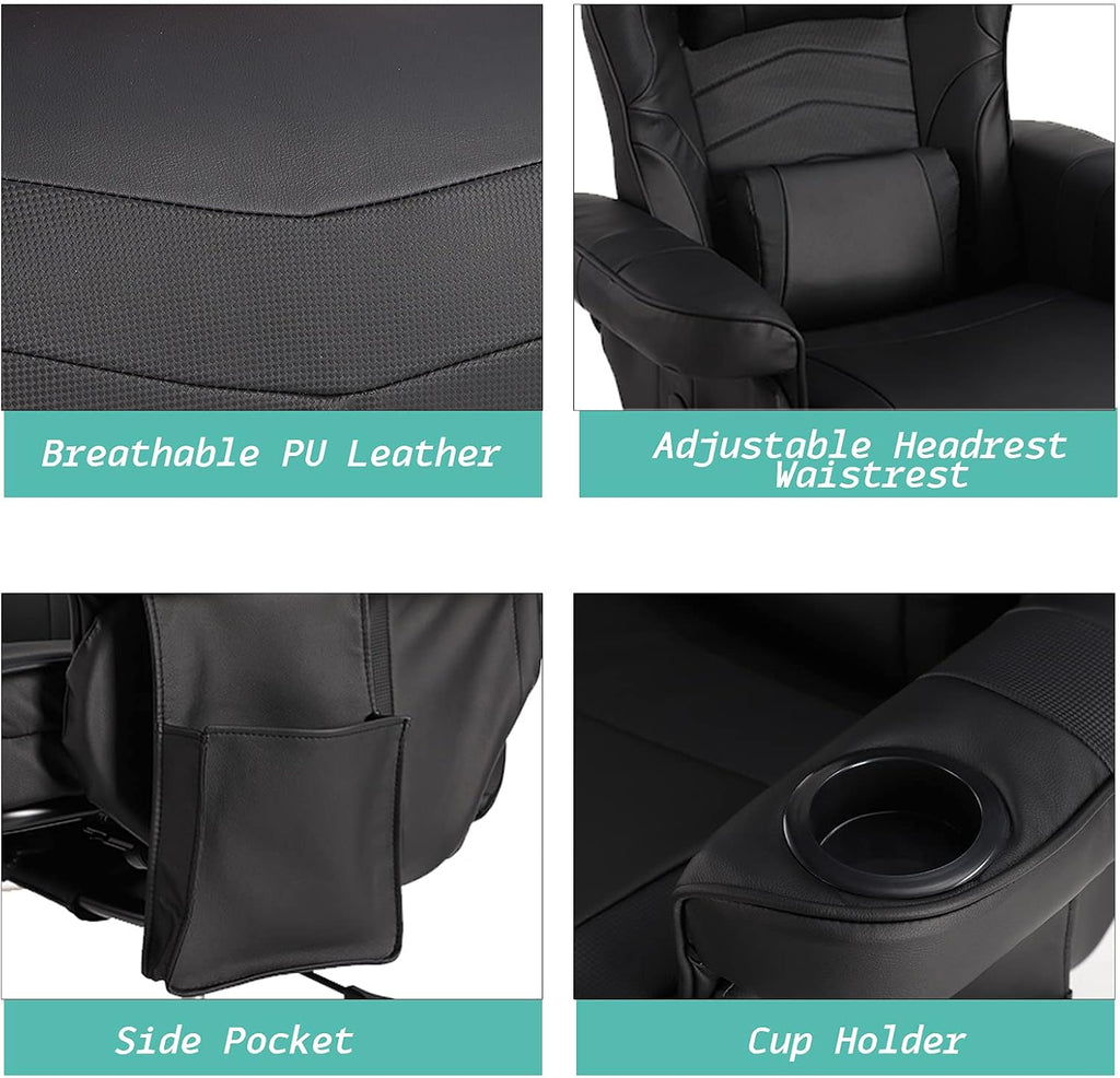 LVUYOYO Reclining Gaming Chair, Gaming Chair with Footrest and Massage, High Back PU Leather Gaming Recliner w/Adjustable Height, Swivel Game Chair with Lumbar Support, Cup Holder, Headrest