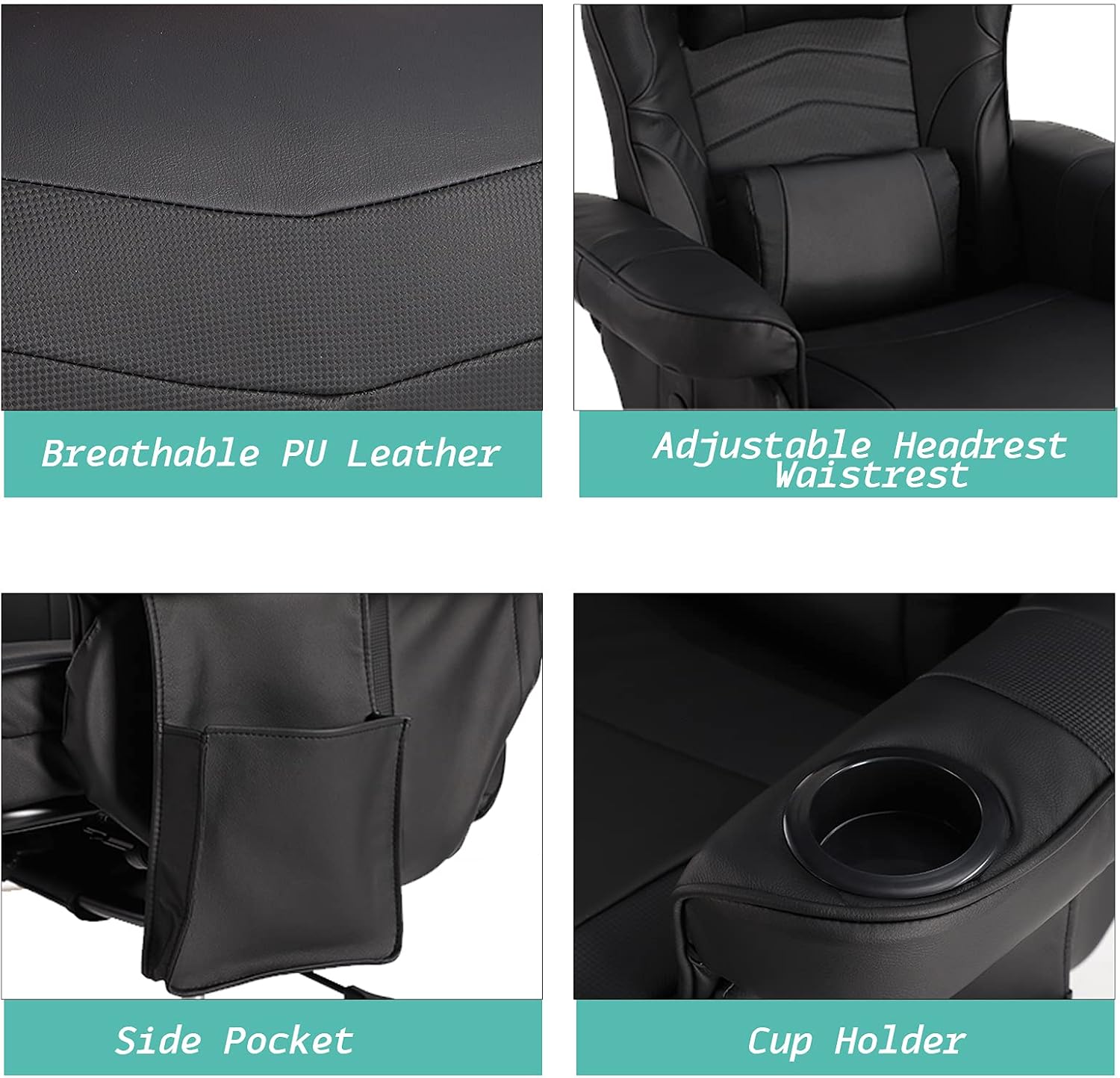 LVUYOYO Reclining Gaming Chair, Gaming Chair with Footrest and Massage, High Back PU Leather Gaming Recliner w/Adjustable Height, Swivel Game Chair with Lumbar Support, Cup Holder, Headrest