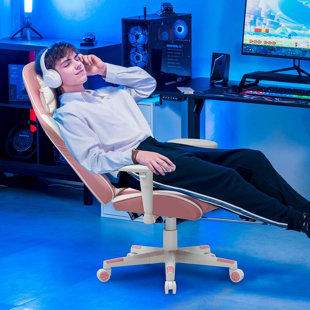 GTPLAYER Gaming Chair with Footrest, Ergonomic Computer Game Desk Chair, Recline Gaming Chair Seat Height Adjustment, Swivel Rocker with Headrest and Lumbar (Pink)