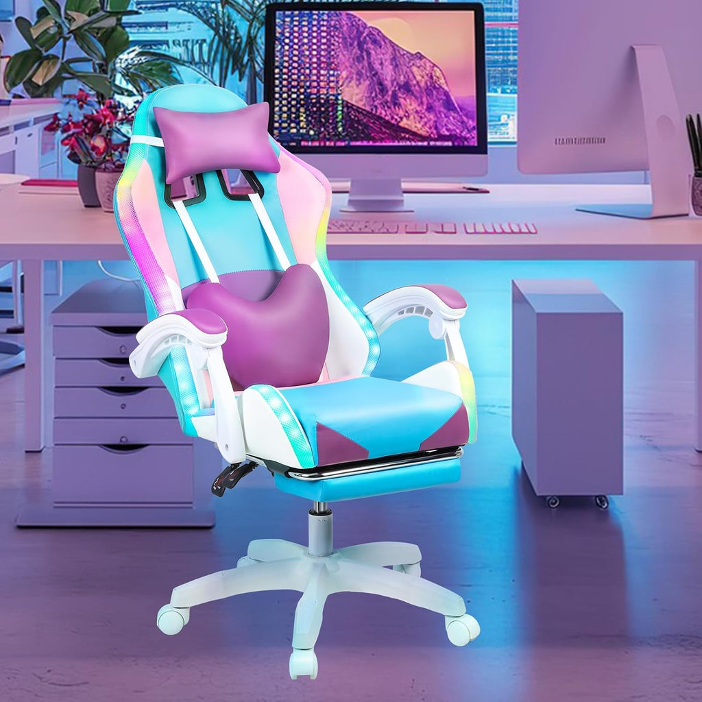 Gaming Chair, Bluetooth Gaming Chair with LED Lights and Footrest, Height Adjustable Computer Chair Lumbar Support for Adults (Purple, Without Speakers)