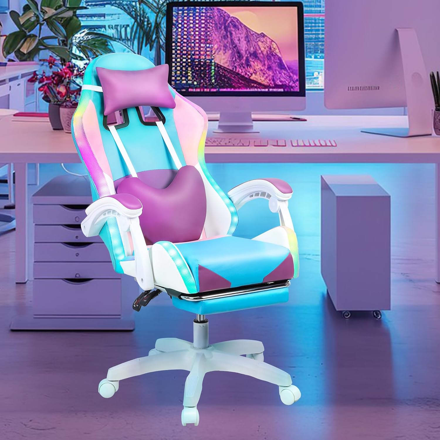 Gaming Chair, Bluetooth Gaming Chair with LED Lights and Footrest, Height Adjustable Computer Chair Lumbar Support for Adults (Purple, Without Speakers)