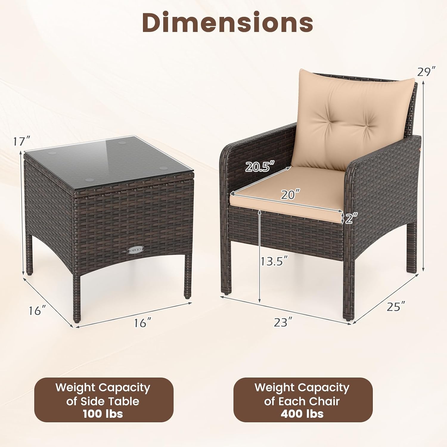 HAPPYGRILL 3 Piece Patio Bistro Set Rattan Wicker Outdoor Conversation Set with Cushions and Coffee Table, Outside Furniture with Rattan Chairs for Porch, Balcony, Deck and Garden (Beige)