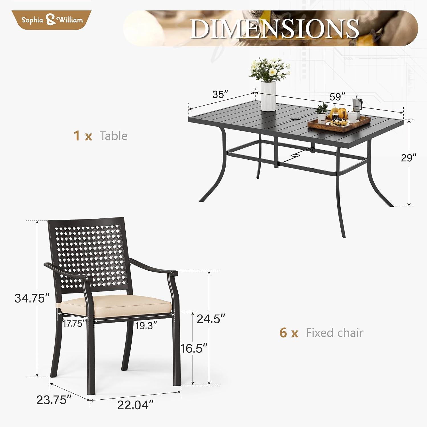 Sophia & William Patio Table and Chairs Set, Outdoor Dining Set for 6, 7 Piece Metal Patio Furniture, 60' Black Rectangular Table(Beehive)