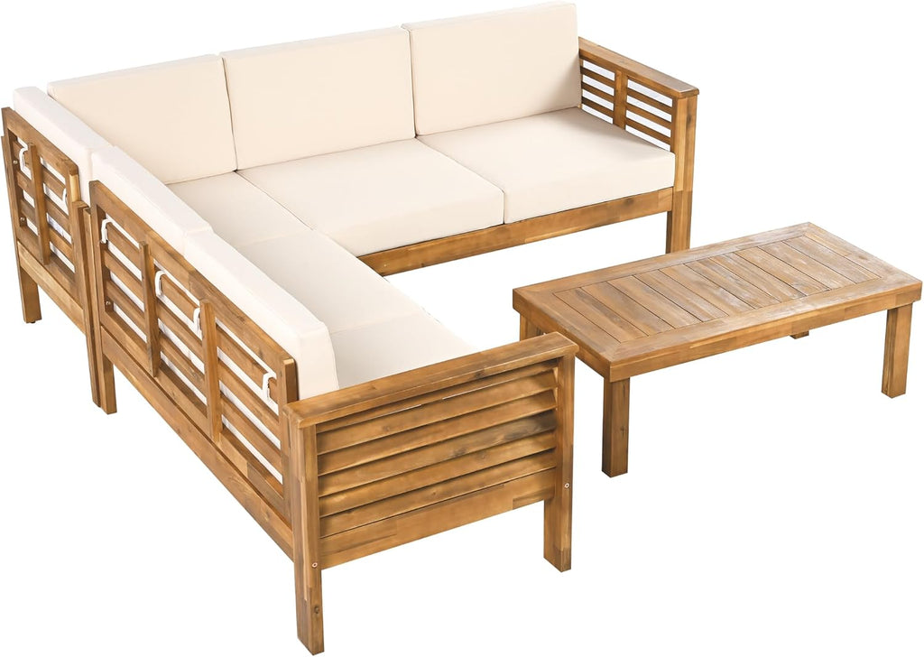 Christopher Knight Home Havets 81.25' Sectional L Shaped Sofa, 4 Pieces Acacia Wood Patio Furniture Set, Slat Coffee Table, Spacious Seat and Table Set for Backyard Garden Balcony, Teak+Beige