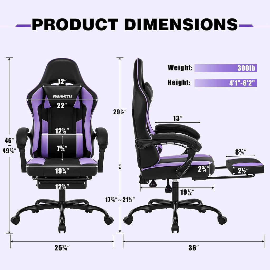 Gaming Chair, Purple Gaming Chairs for Adults Teens, High-Back Ergonomic Computer Chair with Extended Footrest, Removable Headrest & Lumbar Support, Wide PU Leather Reclining Desk Chair