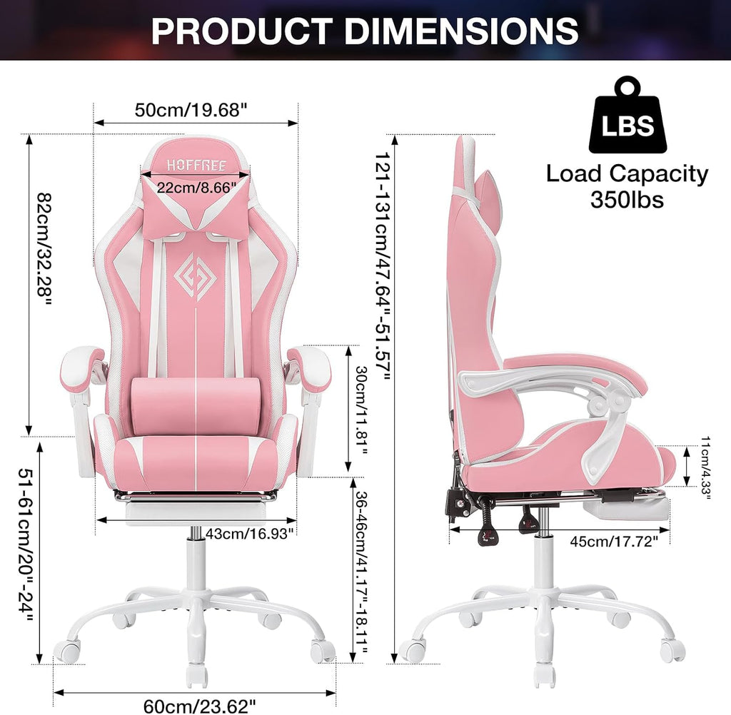 HOFFREE Gaming Chair with LED RGB Lights with Massage and Footrest Ergonomic Computer Chair High Back Video Game Chair with Adjustable Lumbar Support Linkage Armrest Pink and White