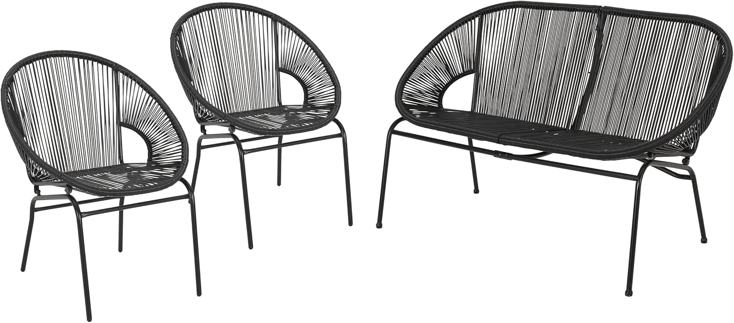 Christopher Knight Home Dessa 3 Piece Patio Furniture Set, Patio Wicker Accent Chair Set of 2 and Loveseat, Metal Frame 4 Seater Outdoor Papasan Lounge Chair Set, PE Rattan Outdoor Bistro Set, Black