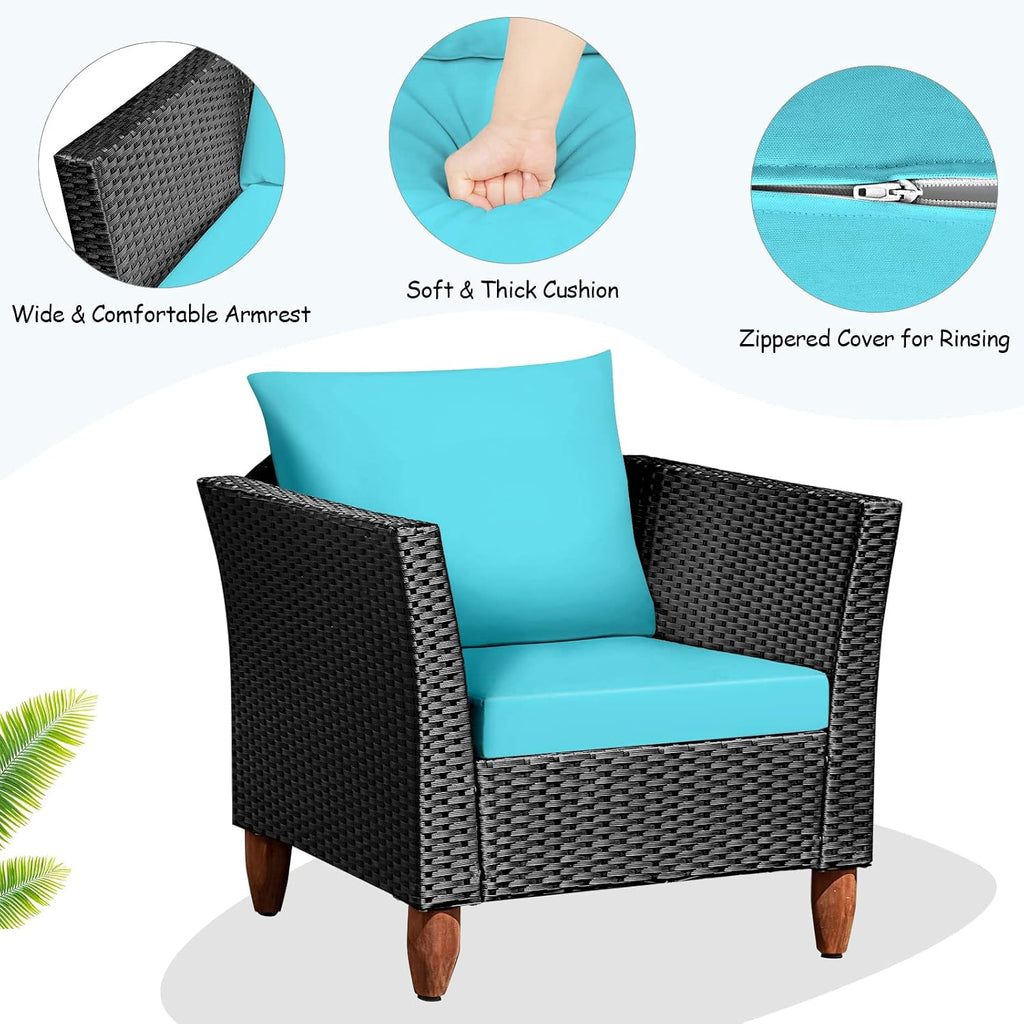 Tangkula 3 Piece Patio Furniture Set, Patiojoy Outdoor Wicker Rattan Bistro Sofa Set w/Washable Cushion, Acacia Wood Top Coffee Table, Conversation Set w/Adjustable Feet for Balcony Backyard Porch