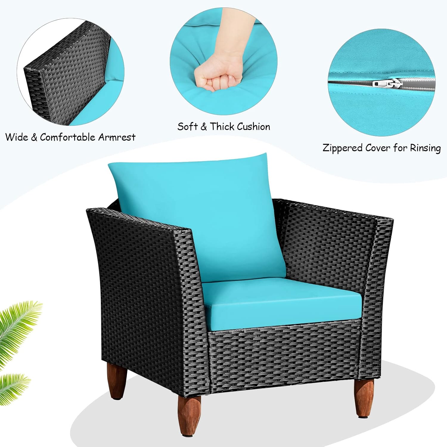 Tangkula 3 Piece Patio Furniture Set, Patiojoy Outdoor Wicker Rattan Bistro Sofa Set w/Washable Cushion, Acacia Wood Top Coffee Table, Conversation Set w/Adjustable Feet for Balcony Backyard Porch