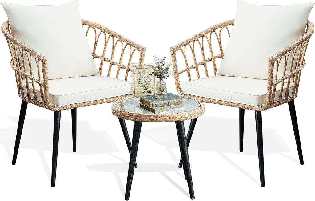 PORWEY 3 Piece Patio Bistro Set, Outdoor Wicker Apartment Balcony Furniture Sets, Rattan Table and Chairs Set of 2 for Porch Backyard Lawn Poolside Deck, Beige