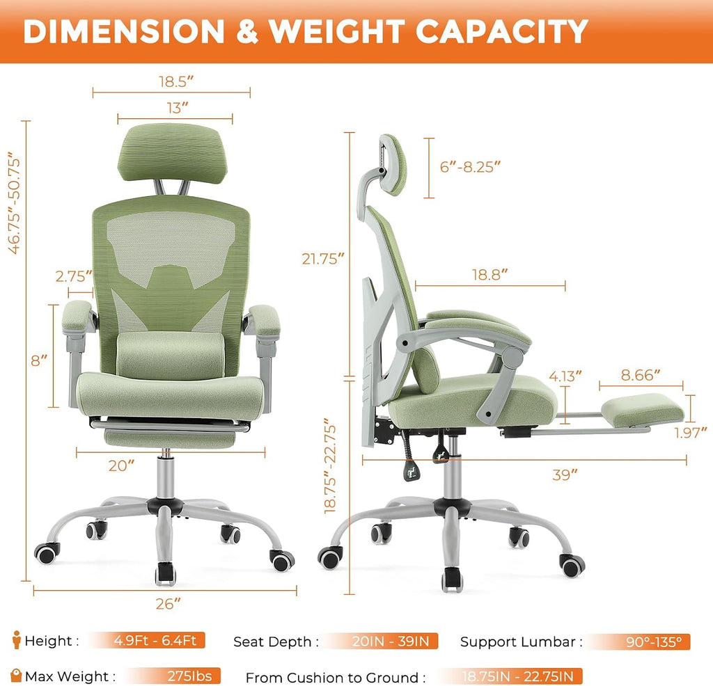Sweetcrispy Office Computer Desk Chair Set of 2, Ergonomic High-Back Mesh Rolling Work Swivel Chairs with Wheels, Comfortable Lumbar Support, Comfy Arms for Home, Bedroom, Study, Student, Green