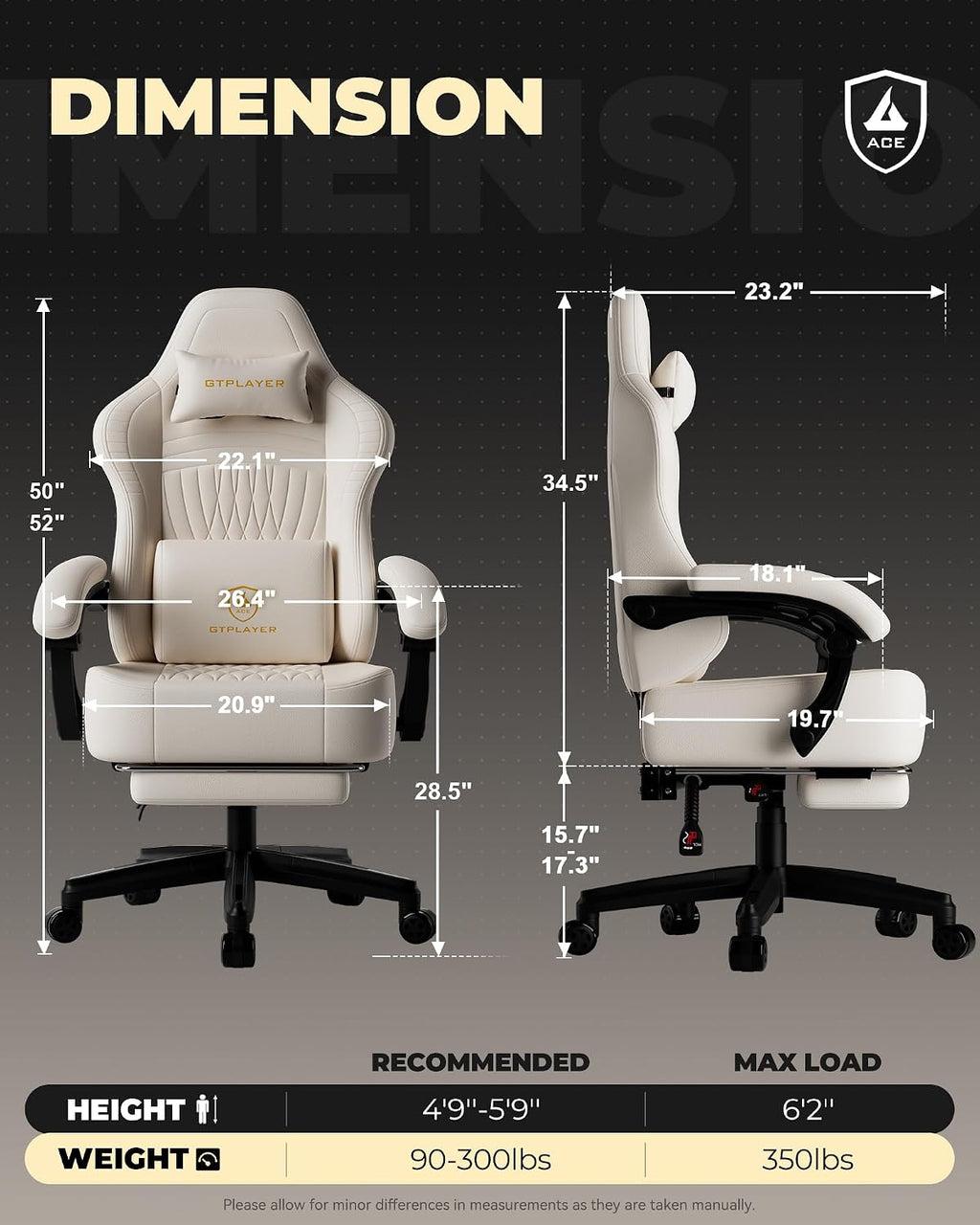 GTPLAYER Big and Tall Gaming Chair with Footrest, Extra Wide Seat Video Game Chairs for Adults - Padded High Back Ergonomic Reclining Silla Gamer, Linkage Armrest, Ace Pro, Ivory