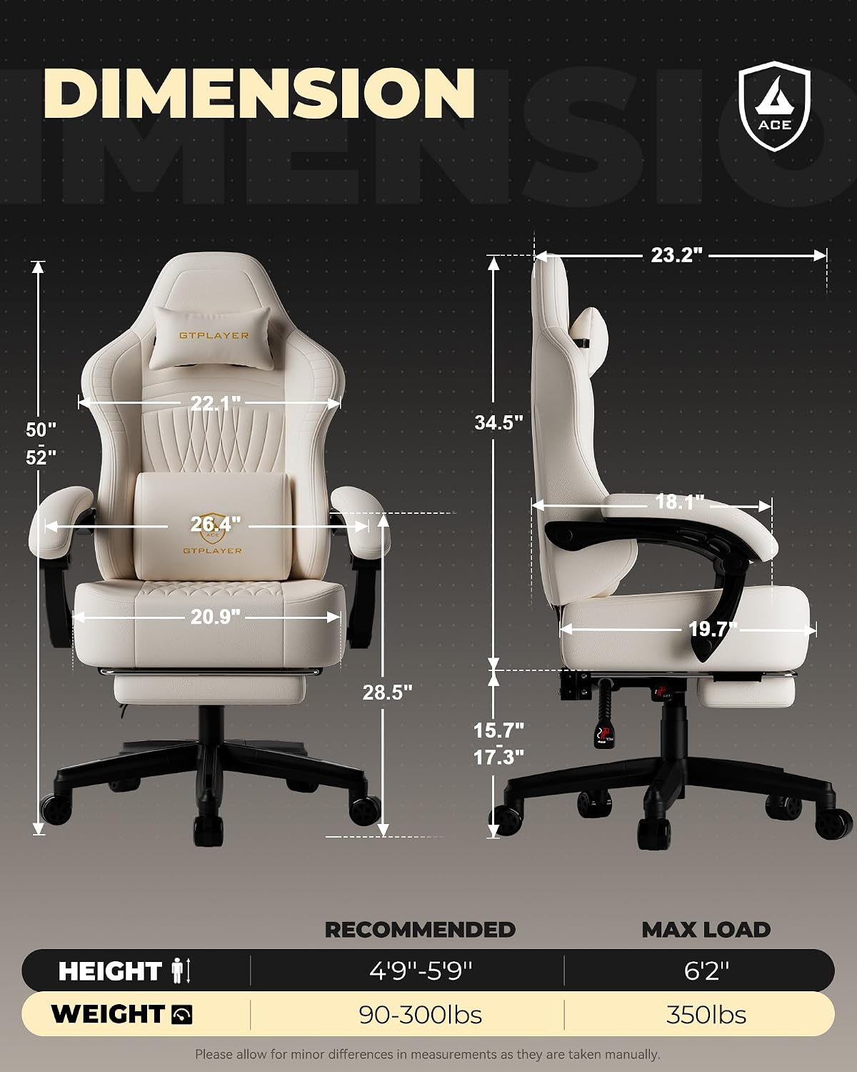 GTPLAYER Big and Tall Gaming Chair with Footrest, Extra Wide Seat Video Game Chairs for Adults - Padded High Back Ergonomic Reclining Silla Gamer, Linkage Armrest, Ace Pro, Ivory