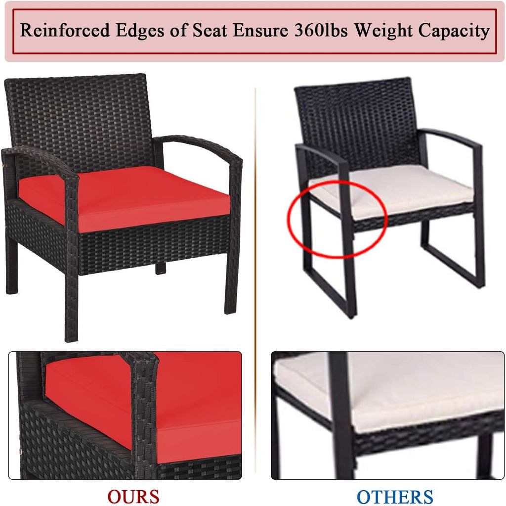 Tangkula 3 Pieces Patio Wicker Conversation Set, Outdoor Rattan Furniture with Washable Thick Cushion & Coffee Table w/Storage Space, Patio Furniture Set for Backyard Porch Garden Poolside (Red)