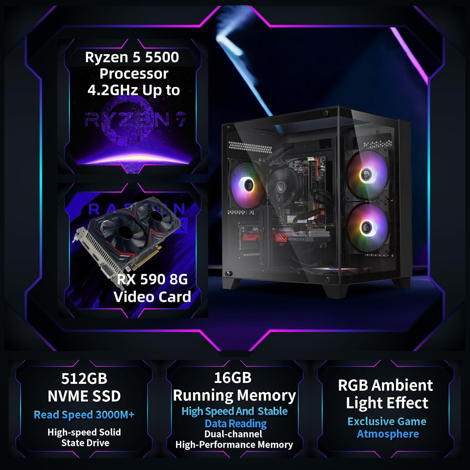ZER-LON Prebuilt Gaming PC Desktop, Ryzen 5 6Cores up to 4.2GHz, Radeon RX 590 8GB Graphics Card, 16G DDR4 RAM, 512GB SSD, WiFi RGB Fan x5