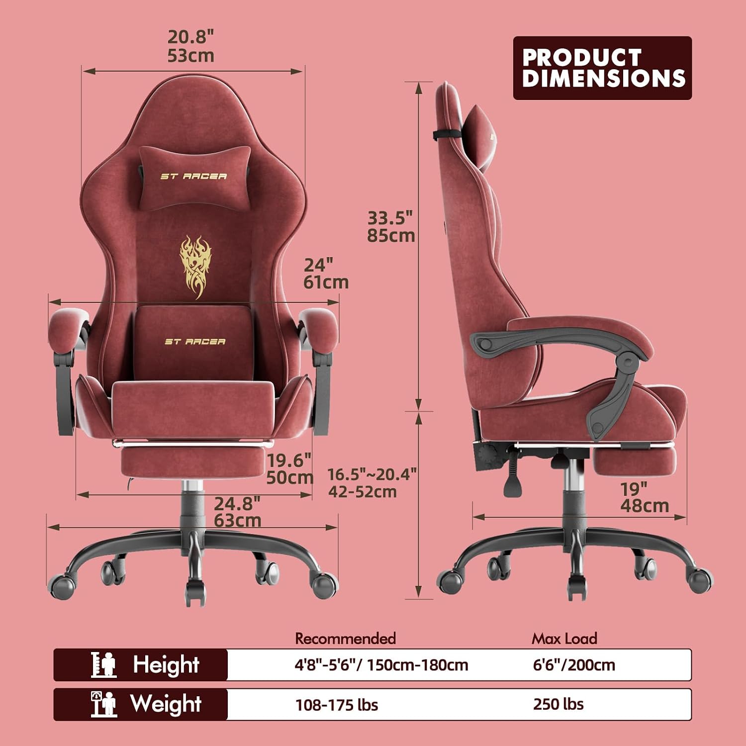 Ferghana Velvet Fabric Gaming Chair, High Back Ergonomic Gamer Chair for Adult, Comfortable Video Game Chair with Footrest and Massage Lumbar Cushion, Racing Reclining Office Computer Desk Chair Red