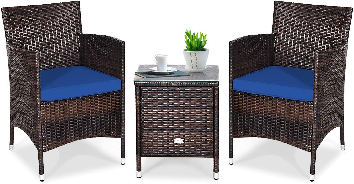 DORTALA Wicker Patio Furniture Set 3 Piece, Small Outdoor Table & Chairs Set with Cushions, All-Weather Rattan Conversation Bistro Set for Balcony, Porch, Backyard, Deck, Navy