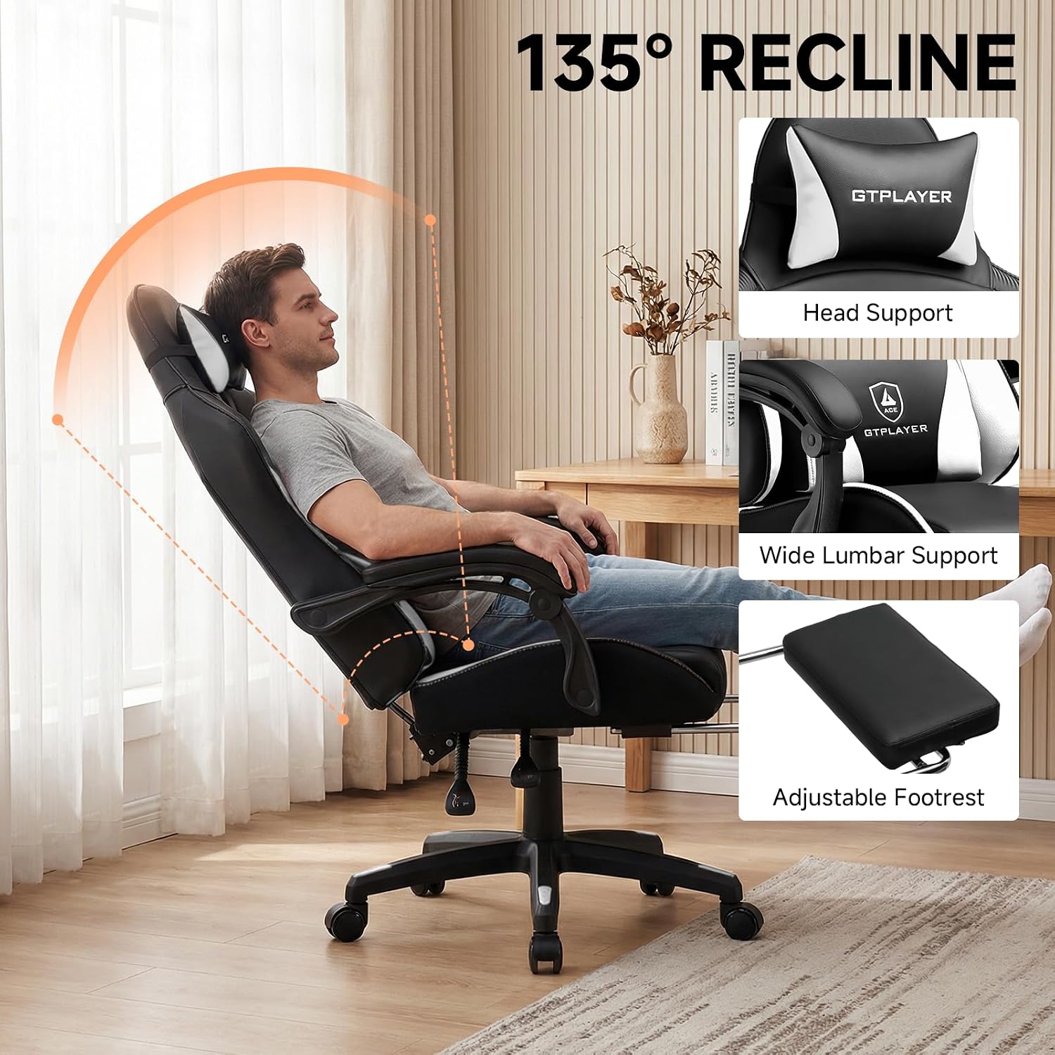 GTPLAYER Gaming Chair, High Back Leather Computer Game Chair with Footrest, Ergonomic Height Adjustable Office Chair with Removable Cover and Lumbar Support for Gaming and Work (WT,with Leather Cover)