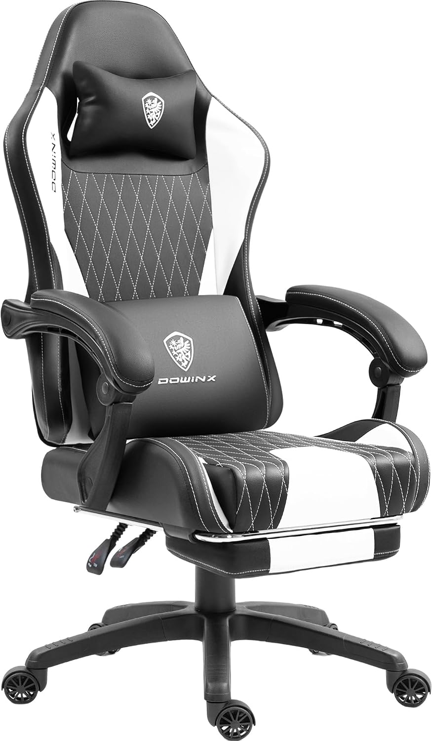 Dowinx Gaming Chair with Massage Lumbar Support and Footrest, Gaming Chairs for Adults, Ergonomic Computer Chair High Back with Pocket Spring Cushion, Swivel Recliner with Headrest, White