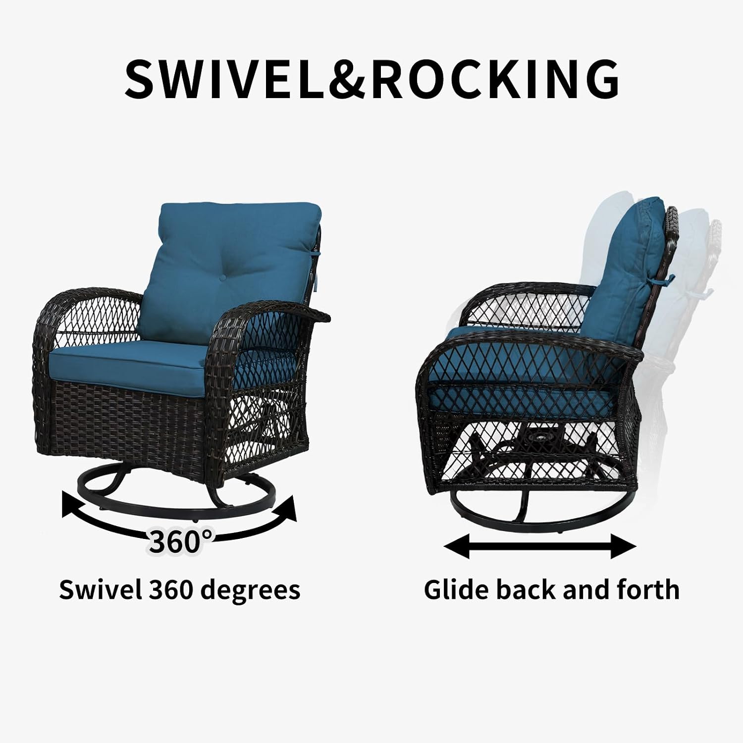 SHGJ&SOFT 3 Piece Patio Furniture Set, 2 Outdoor Swivel Rocking Chairs with Side Table, Wicker Glider Chairs, All-Weather Rattan Bistro Set for Porch, Deck, Pool (Blue, Brown Open-Weave Rattan)
