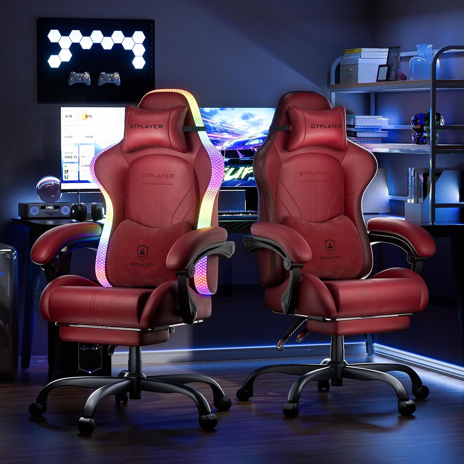 GTPLAYER Gaming Chair, Computer Chair with RGB LED Lights, High Back Ergonomic Chair for Adults with Footrest, Reclining Office Chairs, Linkage Armrest, Wine Red