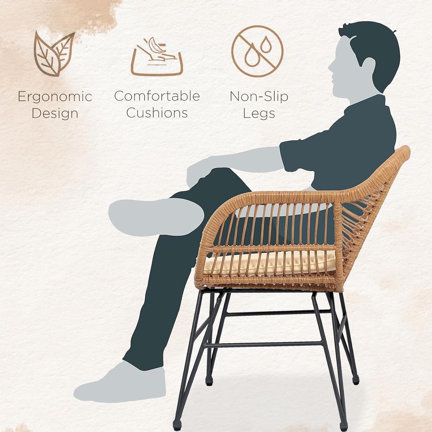 3 Piece Outdoor Wicker Furniture Bistro Set, Rattan Chairs Conversation Sets Wicker Patio Furniture for Balcony Poolside Backyard, Beige