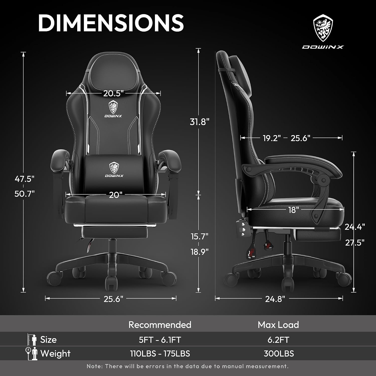 Dowinx Gaming Chair with Pocket Spring Cushion, Ergonomic Computer Chair with Massage Lumbar and Footrest for Adults, High Back Game Chair Leather for Office Gaming 300LBS, Black