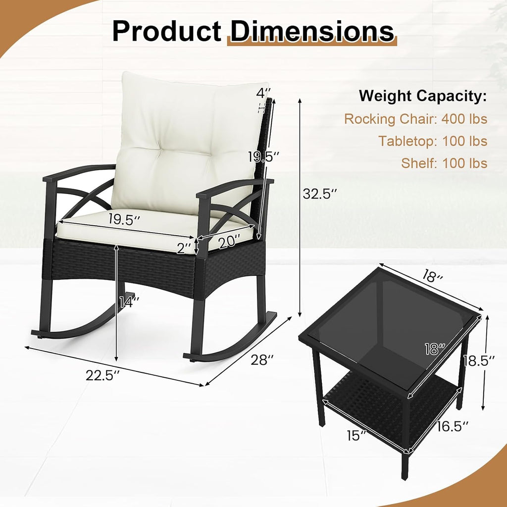 Tangkula 3 Pieces Outdoor Rocking Chairs Set, Rattan Heavy Duty Cushioned Rocker Chairs with 2-Tier Tempered Glass Coffee Table, for Garden, Balcony, Backyard (Black+Beige)