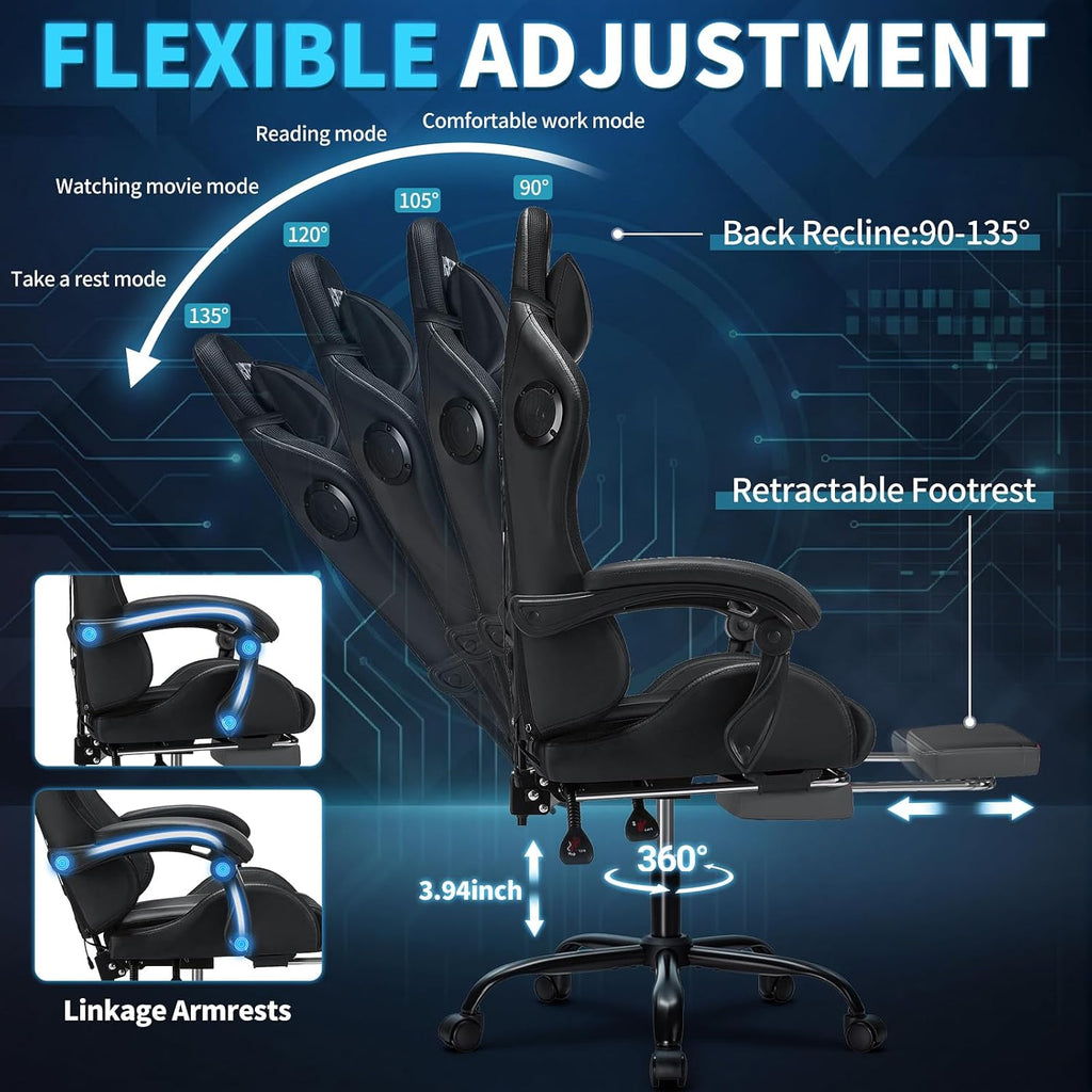Gaming Chair with Bluetooth Speakers and RGB LED Lights Ergonomic Massage Computer Gaming Chair with Footrest Video Game Chair High Back with Lumbar Support Grey and Black