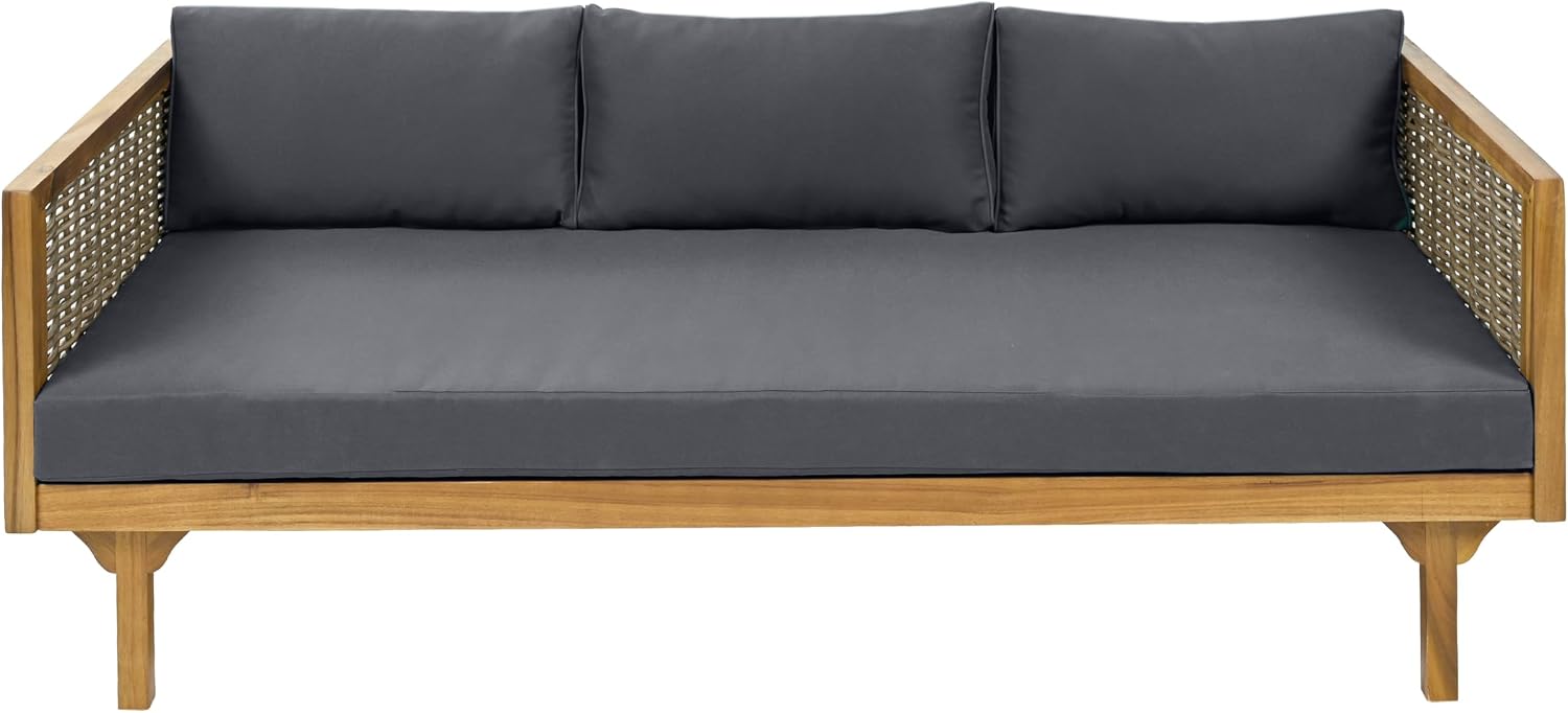Christopher Knight Home Claremont Patio Sofa and Coffee Table Set, 2 Piece Wicker Patio Furniture Set, Acacia Wood 3 Seater Outdoor Sofa Daybed and Coffee Table Set, Teak+Dark Grey